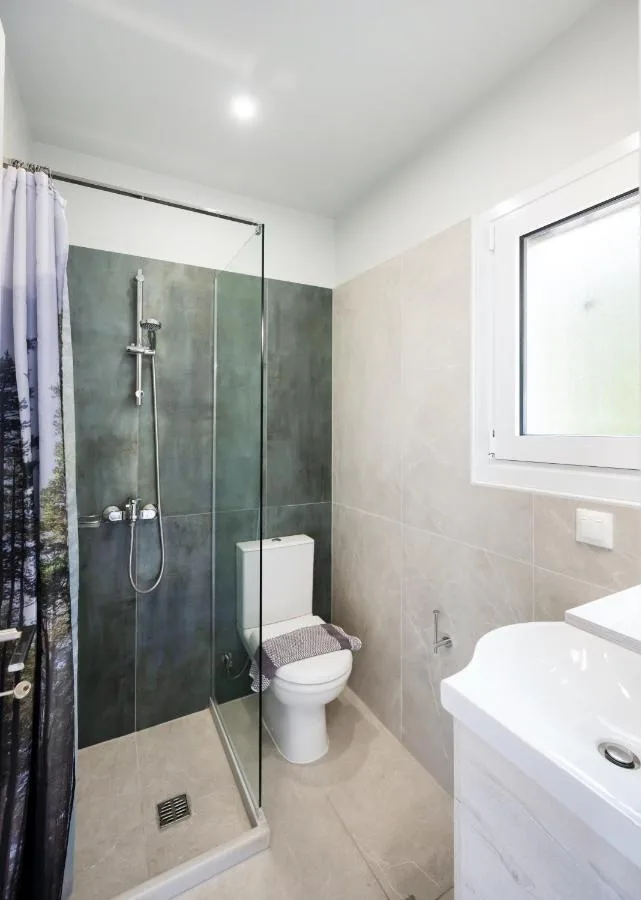 Bathroom with shower, sink, and natural daylight